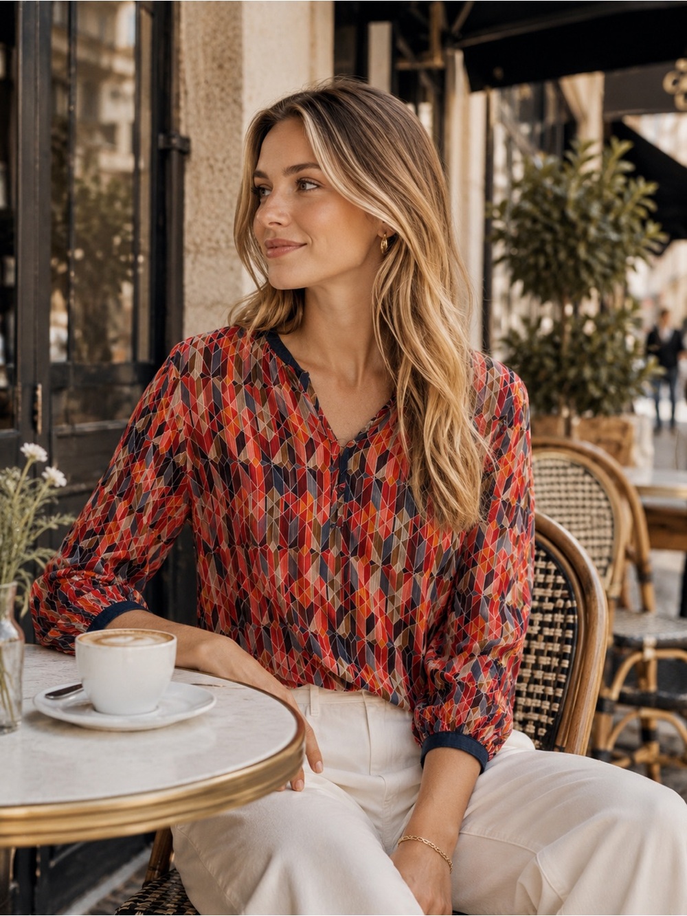Liz Claiborne Red Multi Geometric V-Neck Sheer Blouse